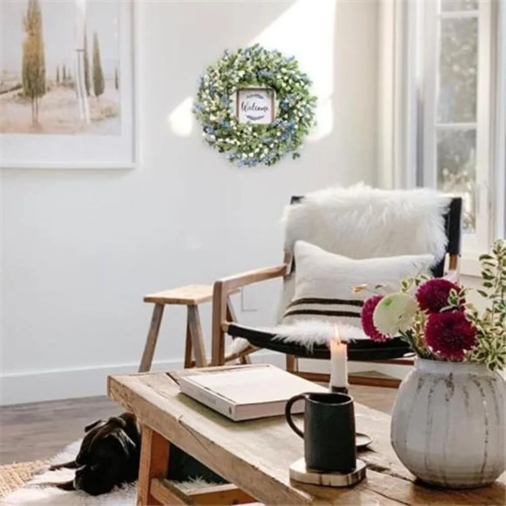 Artificial Leaves and White Flowers Wreath with Welcome Sign, 20 inch